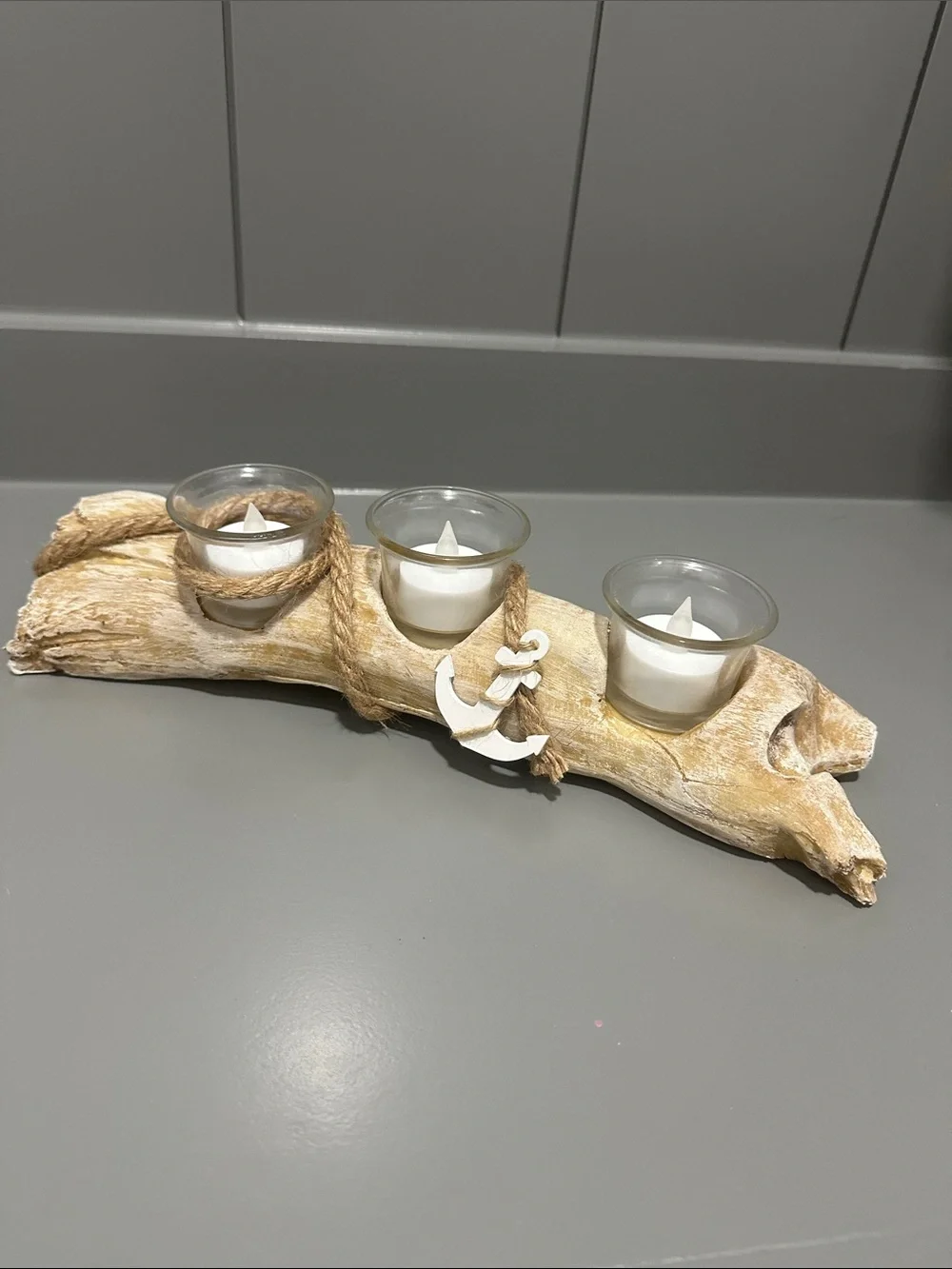 Driftwood 3-Votive Candle Holder with White Anchor Accent